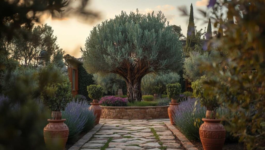 Vue panoramique d’un jardin méditerranéen avec un olivier centenaire, bordures de lavande, pots en terre cuite et chemin en pierre au coucher du soleil
