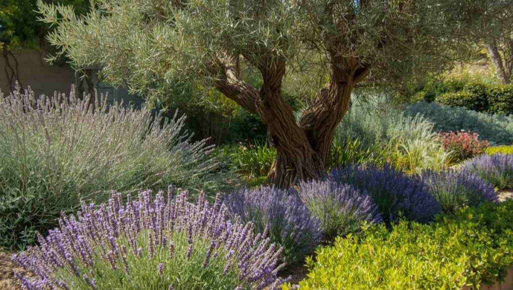 Jardin méditerranéen avec olivier, lavande, romarin et santoline, plantation résistante à la sécheresse sous un soleil éclatant