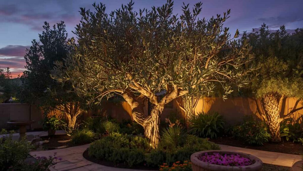 Olivier méditerranéen illuminé par des spots, ambiance chaleureuse de jardin en soirée