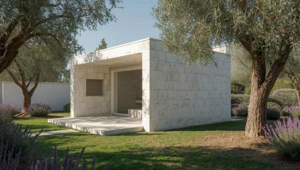 Abri de jardin en béton cellulaire avec façade blanche dans un jardin méditerranéen