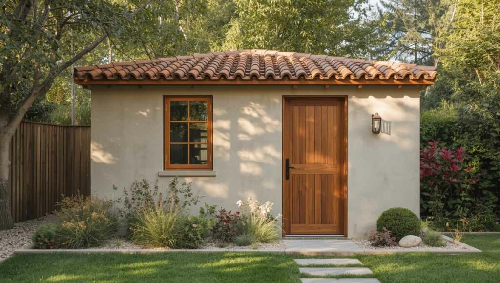Abri de jardin terminé en béton cellulaire avec enduit de protection dans un jardin paysagé