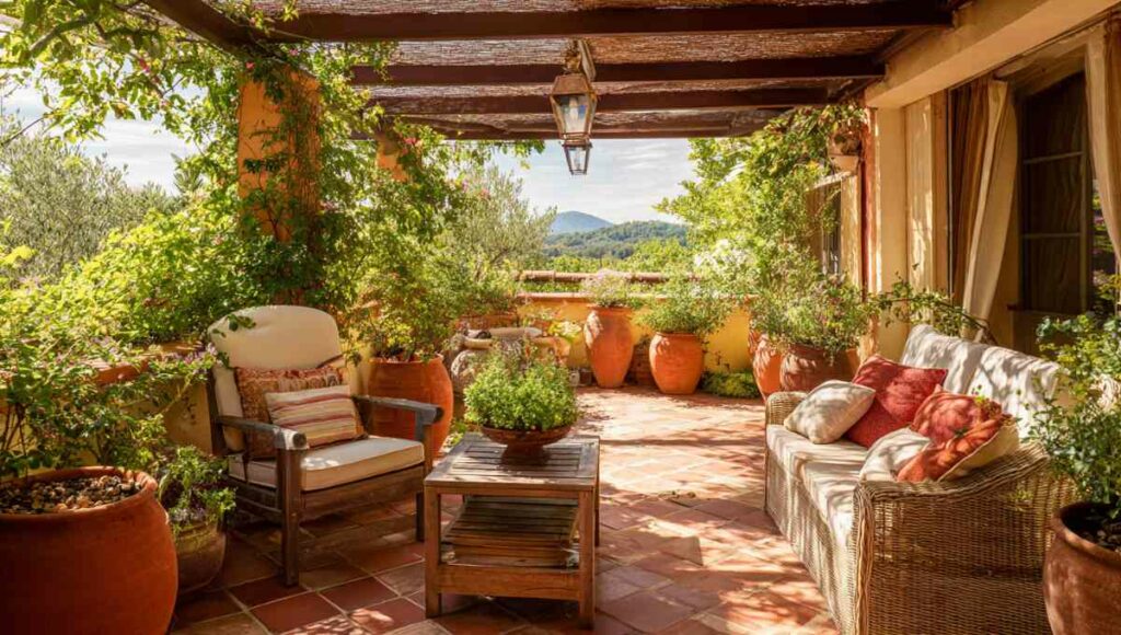 Aménagement réussi d'une terrasse de 20m2 avec pergola en bois, salon de jardin confortable et plantes méditerranéennes en pots