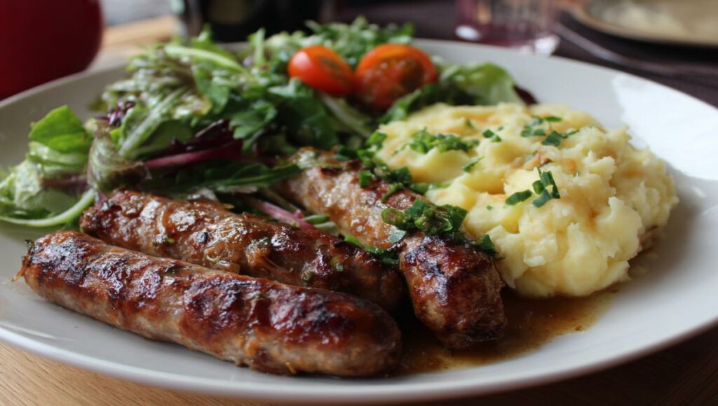 Comparaison visuelle : andouillette chaude servie avec purée à gauche, andouillette froide en tranches avec salade verte à droite