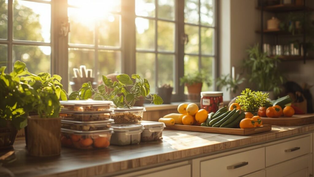 Cuisine organisée avec pratiques anti-gaspillage alimentaire et contenants réutilisables
