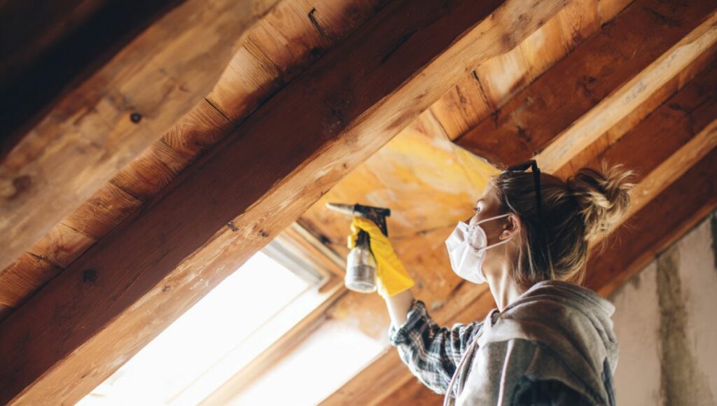 Femme portant un masque de protection A2P3 et des gants appliquant du Xylophène sur des poutres en bois dans un grenier bien ventilé