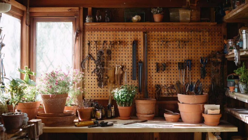 Coin bricolage organisé dans une maison provençale avec outils bien rangés