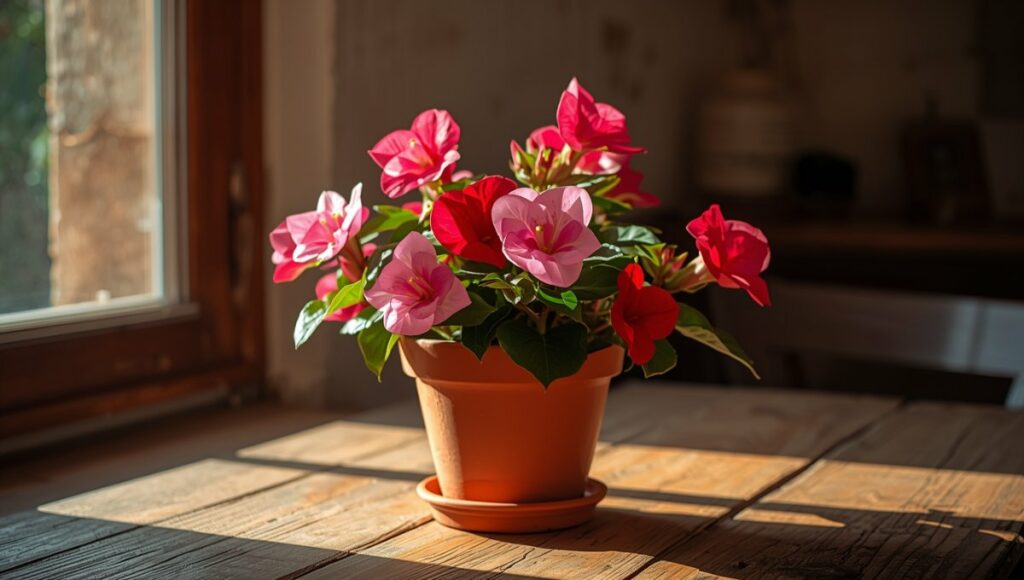 Bégonia elatior aux fleurs roses et rouges dans un pot en terracotta sur une table en bois dans un intérieur méditerranéen lumineux