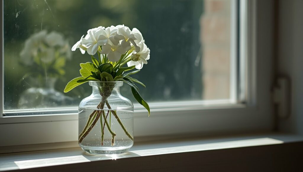 Bouture d'hortensia fleuri dans un verre d'eau, démonstration d'une bouture réussie à la maison