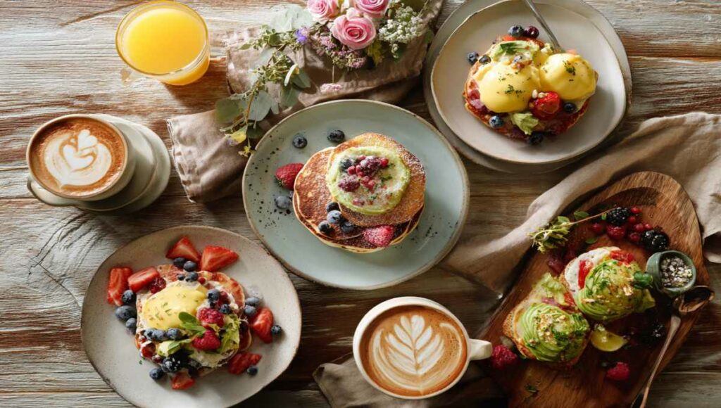 Assiettes de brunch à La Petite Bleue Paris : pancakes maison, eggs benedict, toast avocat et café latte art