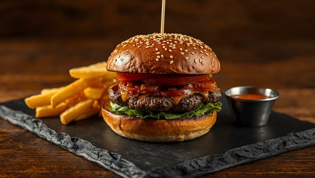 Burger appétissant avec frites croustillantes et sauce sur ardoise noire