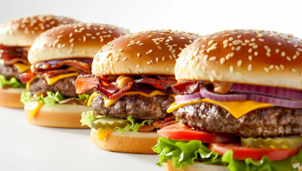 Gamme de burgers signature McDonald's dont le CBO alignés sur fond blanc studio