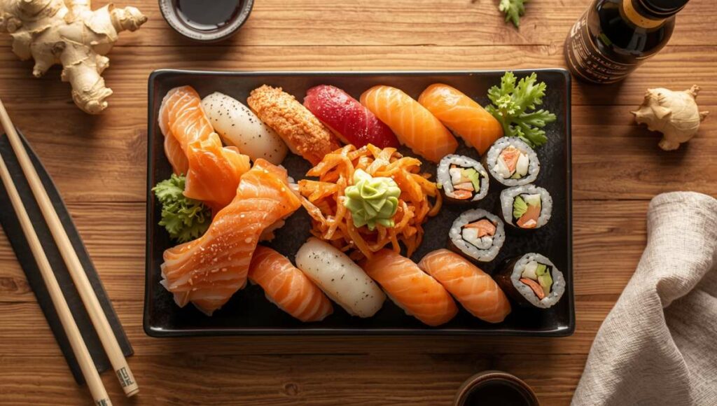 Plateau de sushis variés avec nigiri saumon, makis et california rolls sur table en bois - guide calories sushis