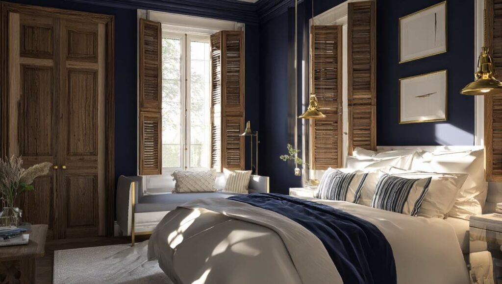 Chambre cosy avec murs bleu navy et linge de lit blanc élégant