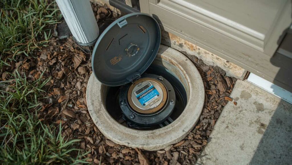 Compteur d'eau moderne installé dans un regard en limite de propriété, main soulevant le couvercle, compteur bleu visible, lumière naturelle
