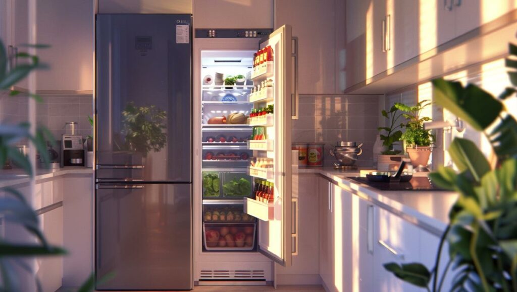 Porte de congélateur mal fermée dans une cuisine moderne avec aliments surgelés visibles à l'intérieur