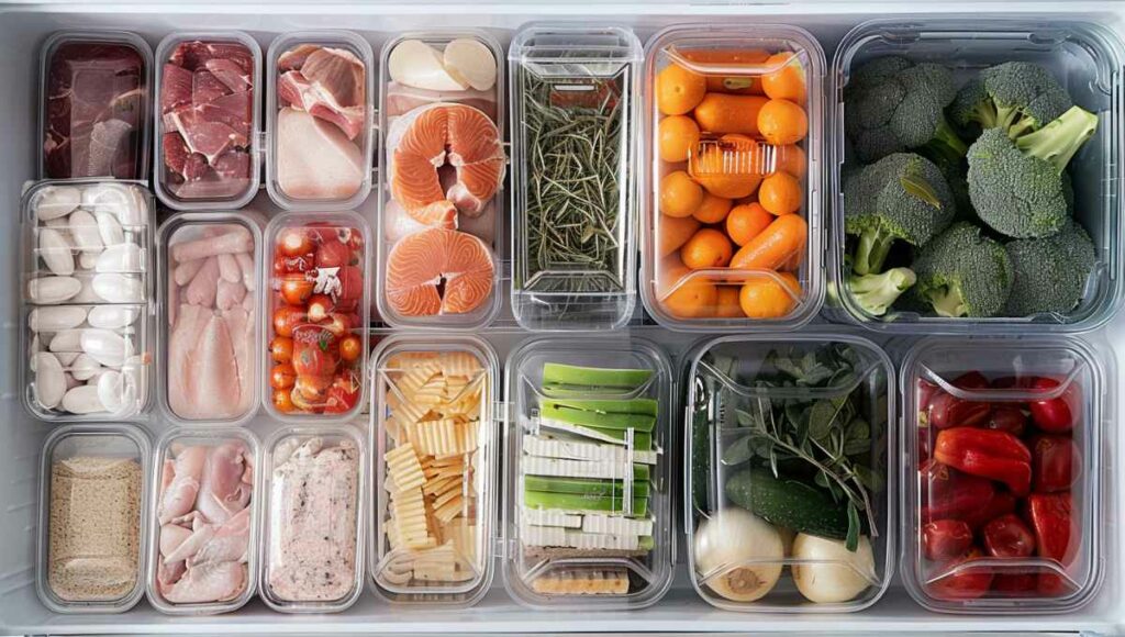 Congélateur bien organisé avec bacs transparents étiquetés et rangement par catégories d'aliments, vue du dessus