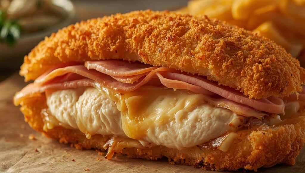 Coupe transversale d'un cordon bleu montrant les couches de poulet, jambon et fromage