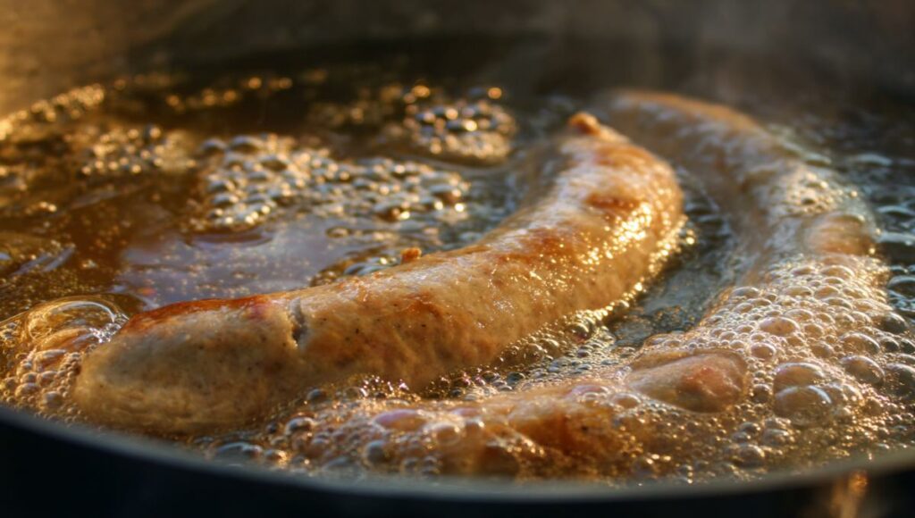 Andouillette en train de cuire dans une casserole d'eau frémissante avec de légères bulles, méthode traditionnelle française de cuisson à l'eau
