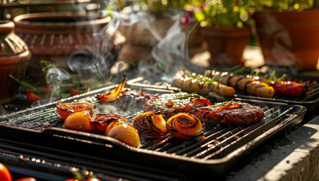 Andouillettes grillées dorées sur une plancha fumante avec marques de grill, accompagnées d'oignons caramélisés