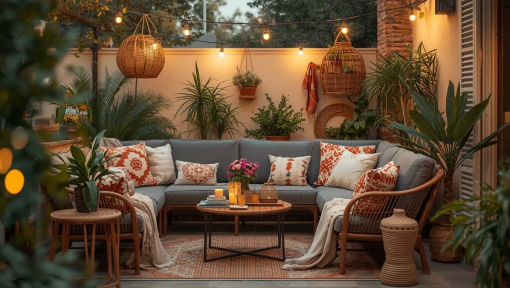 Coin détente cosy sur terrasse de 20m2 avec coussins colorés, plaids doux et textiles d'extérieur style méditerranéen