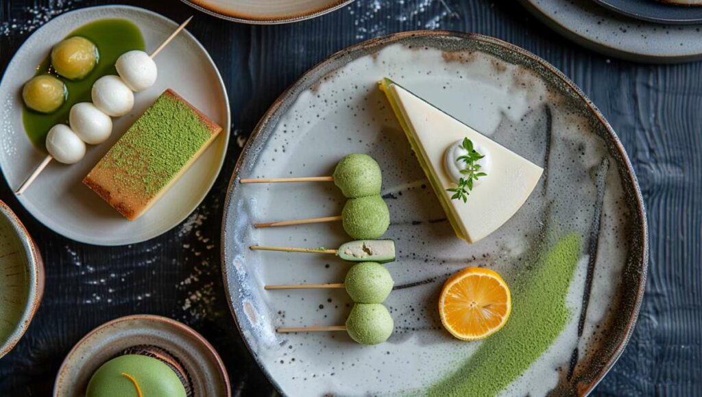 Sélection de desserts japonais chez Isshin Ramen : cheesecake yuzu, dango matcha et dorayaki