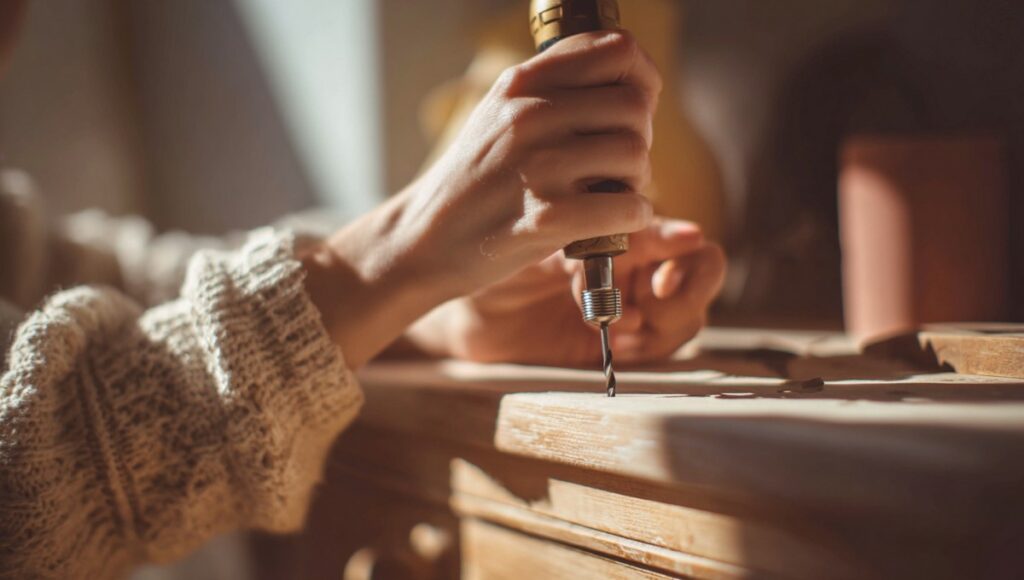 Main tenant un tournevis pour dévisser une vis dans le bon sens sur un meuble en bois