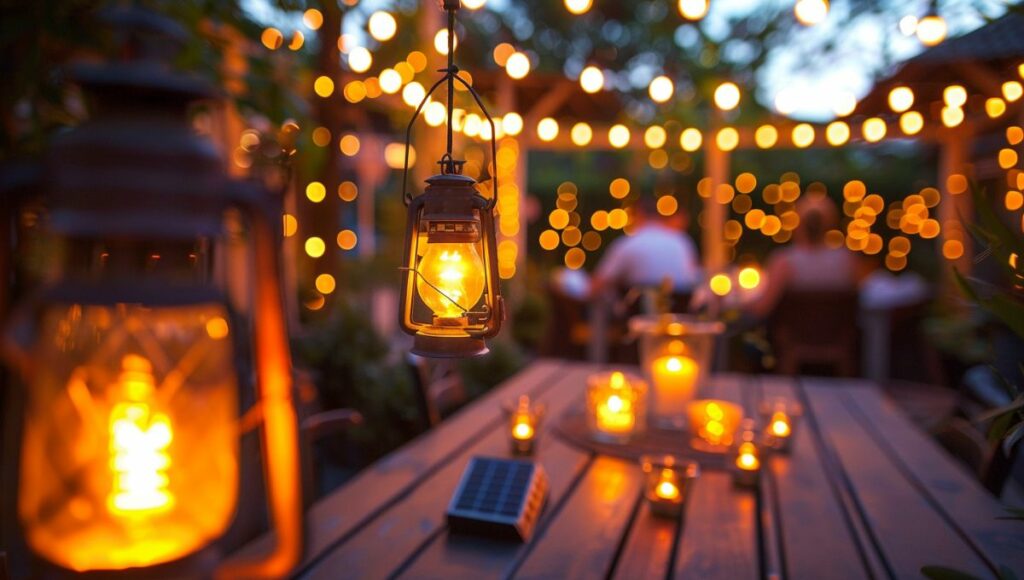Éclairage chaleureux d'une terrasse de 20m2 en soirée avec guirlandes lumineuses, lanternes et bougies