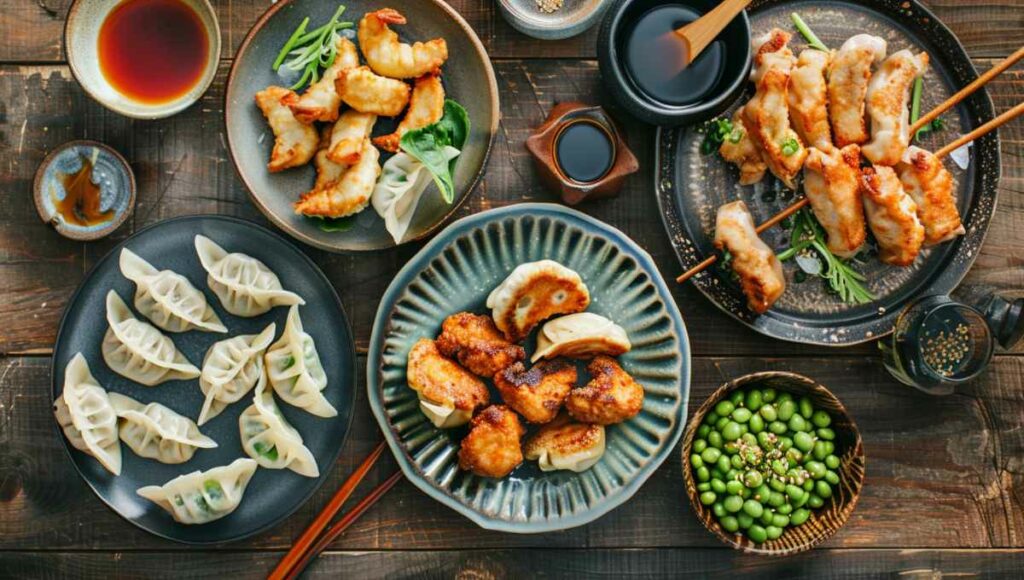 Assortiment de tapas japonaises chez Isshin Ramen avec gyozas, baos vapeur, karaage et edamame