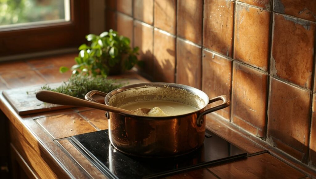 Sauce épaisse et onctueuse dans une casserole en cuivre avec cuillère en bois dans une cuisine provençale