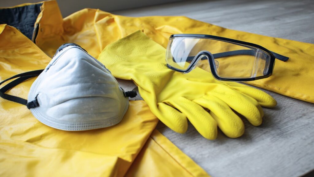 Équipement de protection complet pour application du Xylophène : masque A2P3, gants nitrile, lunettes de sécurité et combinaison disposés sur établi