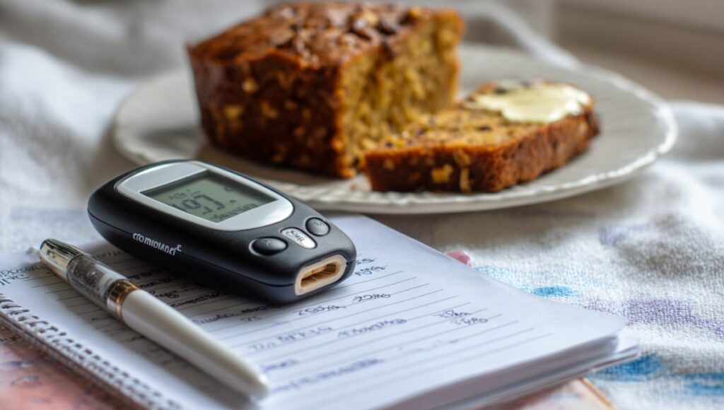 Lecteur de glycémie affichant un bon résultat à côté d'une part de gâteau sans sucre fait maison pour diabétique
