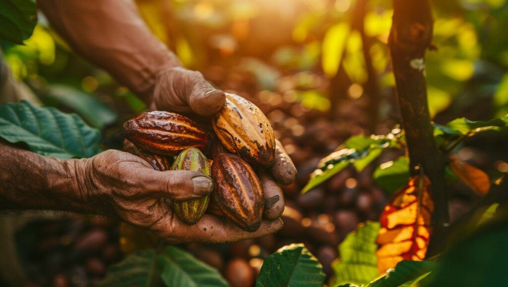 Fèves de cacao fraîches sur plantation durable - origine chocolats Favorina