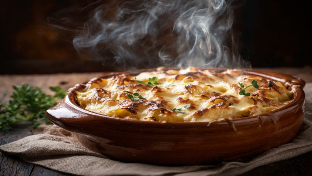 Gratin de pâtes gratinées préparé avec un reste de fondue savoyarde, sorti du four