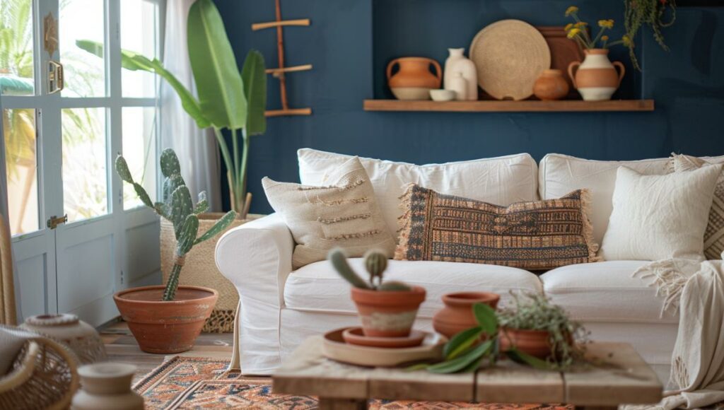 Salon méditerranéen associant bleu navy, terracotta et vert sauge