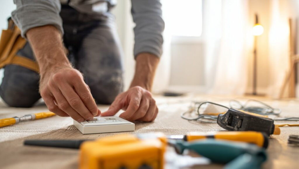 Électricien installant un interrupteur mural dans une chambre avec outils professionnels