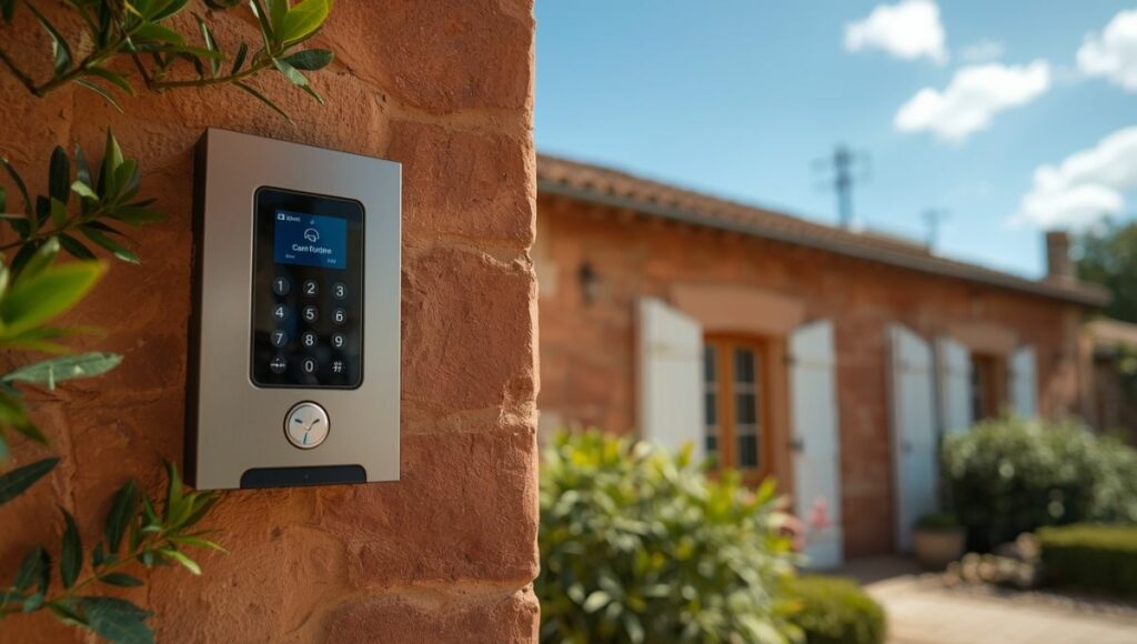 Interphone audio 5 fils installé sur mur en pierre