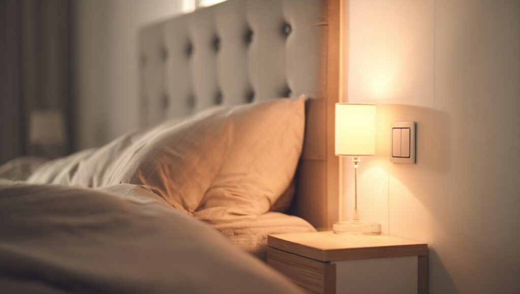 Chambre moderne avec interrupteur près de la tête de lit et lumière tamisée