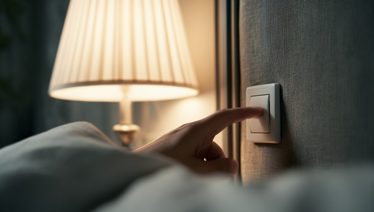 Main allumant un interrupteur élégant près de la tête de lit dans une chambre contemporaine
