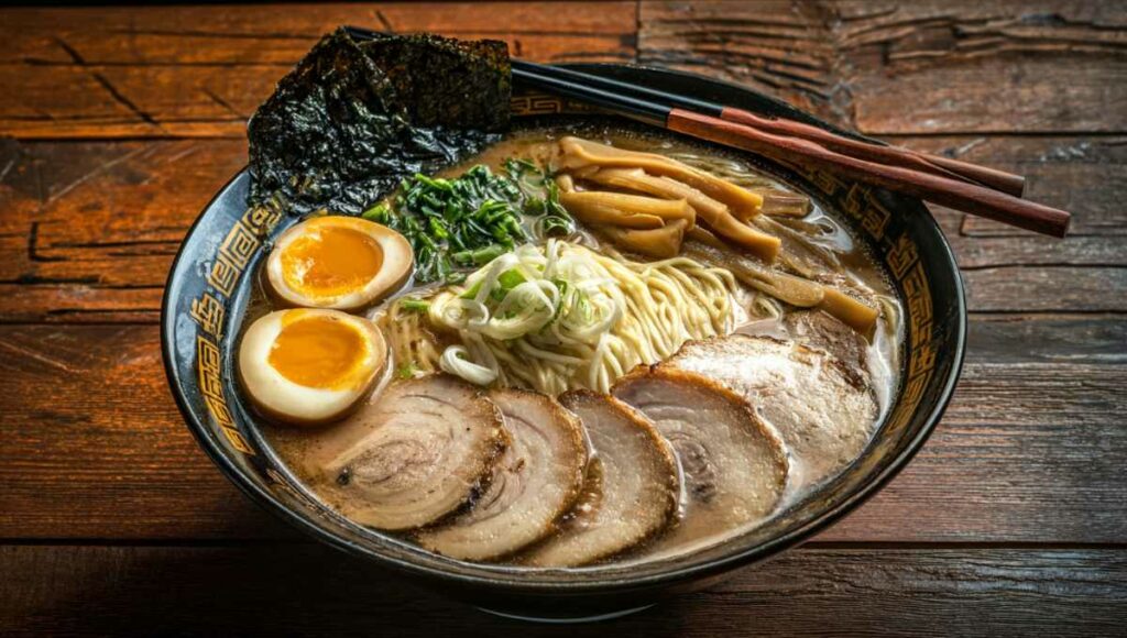 Bol de ramen tonkotsu authentique de Kyushu avec chashu, œuf mariné et nouilles fraîches