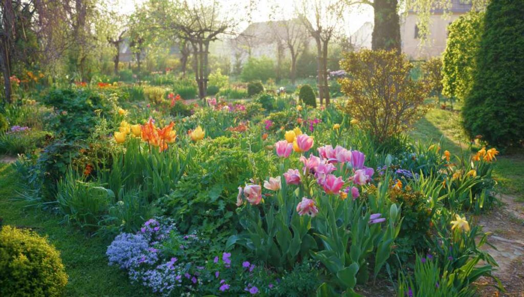 Jardin fleuri avec tulipes et vivaces cultivées à partir de bulbes Promesse de Fleurs