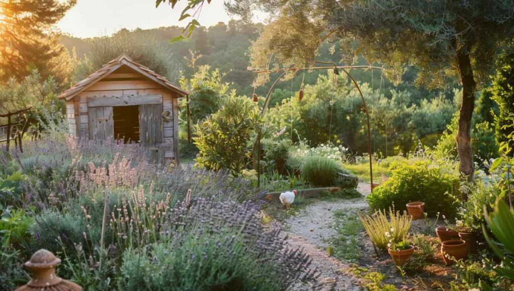 Jardin méditerranéen sécurisé avec poulailler et bordures de lavande pour éloigner naturellement les renards