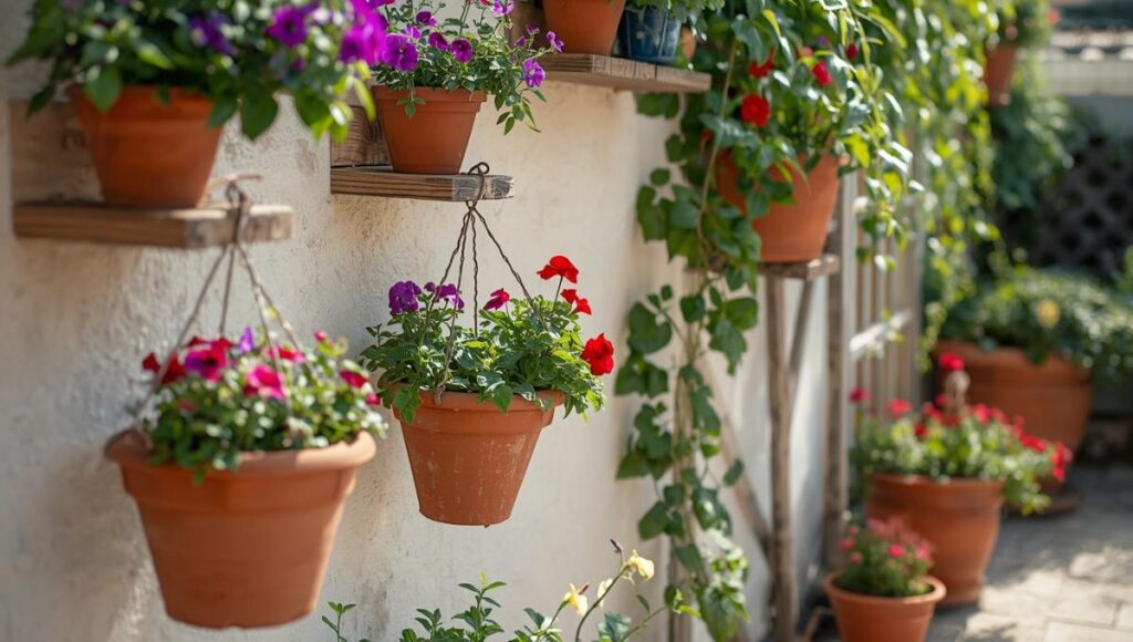 Jardin vertical sur terrasse de 20m2 avec étagères murales, plantes suspendues et treillis pour optimiser l'espace