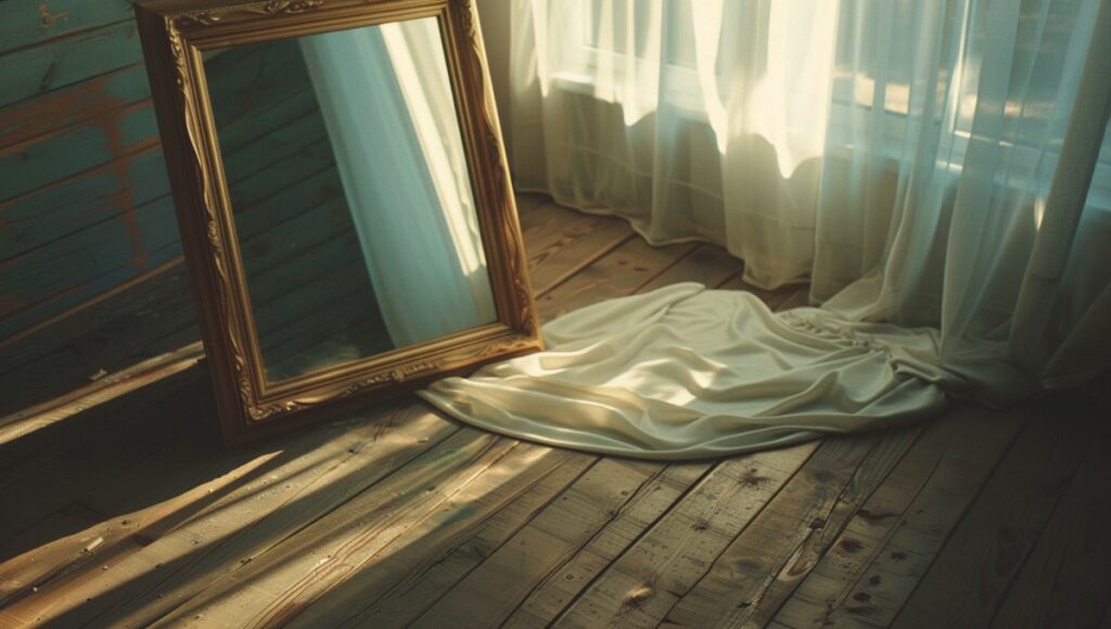 Miroir ancien tombé sur un plancher en bois dans une chambre lumineuse, atmosphère douce et mystérieuse.