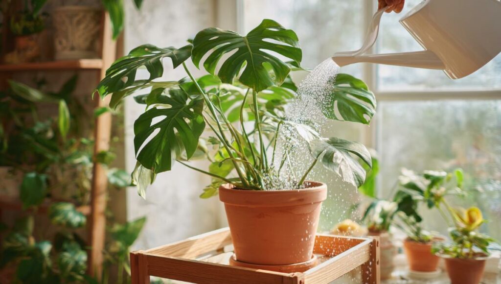 Main arrosant un monstera avec feuilles vertes saines montrant la bonne technique d'entretien pour éviter le jaunissement