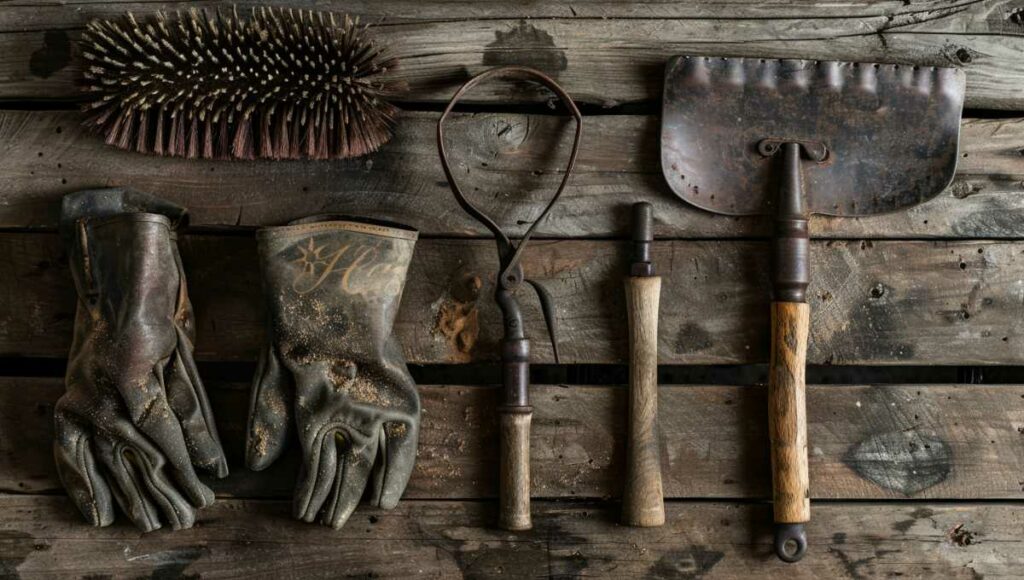 Outils d'entretien pour insert : brosse métallique, pelle à cendres et gants de protection