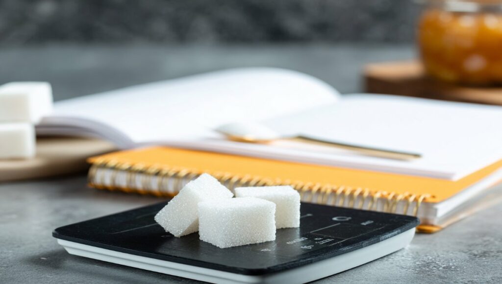 Balance de cuisine affichant le poids de trois morceaux de sucre avec cahier de recettes, illustrant le dosage précis en pâtisserie