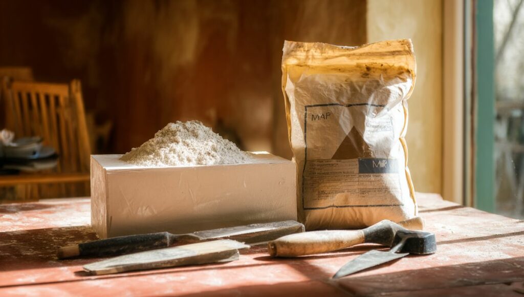 Comparaison entre sac de plâtre et sac de MAP sur établi avec outils de plâtrier pour travaux de rénovation