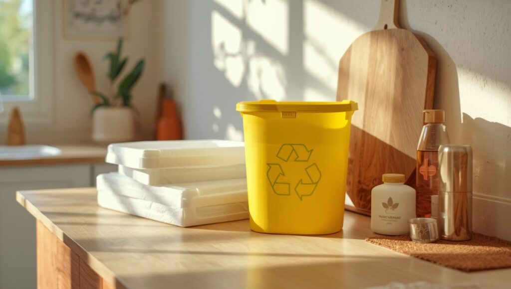 Emballage en polystyrène blanc à côté d'une poubelle jaune de tri sélectif dans une cuisine française