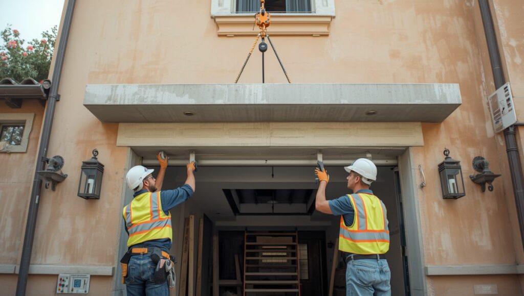 Installation d'un linteau en béton préfabriqué au-dessus d'une porte de garage avec système de levage par deux maçons