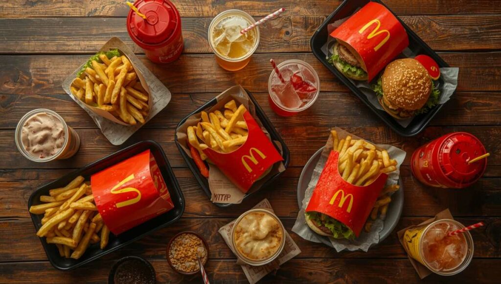 Comparatif des menus McDonald's disposés sur table en bois avec frites et boissons